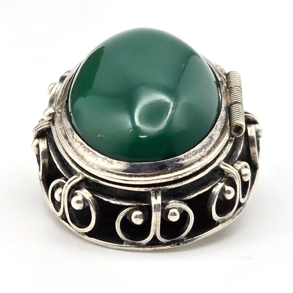 VTG Taxco Sterling Silver Locket Brooch Pin w/ Green Agate Oval Cabochon 1950s - Picture 5 of 13